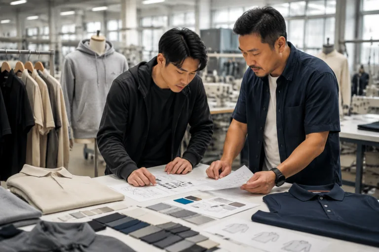 Switch Supplier 6 A buyer and factory technician organize fabric swatches, sketches, and product notes before starting apparel development.