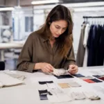 A realistic factory-side planning scene focused on neck label specifications, artwork files, and trim approval.