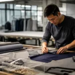 A realistic manufacturing scene that reflects fabric and trim planning as a major cost driver.