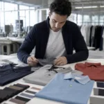 A realistic factory development scene showing polo shirt fabrics, collar structures, and placket options being reviewed for private label product planning.