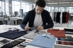Home 41 A realistic factory development scene showing polo shirt fabrics, collar structures, and placket options being reviewed for private label product planning.