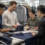 A professional apparel development meeting comparing branding and sourcing paths for custom garments.