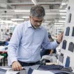 A production manager reviews sample garments and factory line planning to verify manufacturing capability.