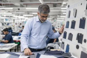 Home 42 A production manager reviews sample garments and factory line planning to verify manufacturing capability.