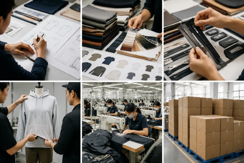 Premium realistic B2B-style illustration of a six-step garment manufacturing process in a clean factory and sample room environment, including sketches, fabric and MOQ planning, trim and logo review, sampling and fit inspection, small-batch sewing production, and final quality control with cartons ready for shipment.