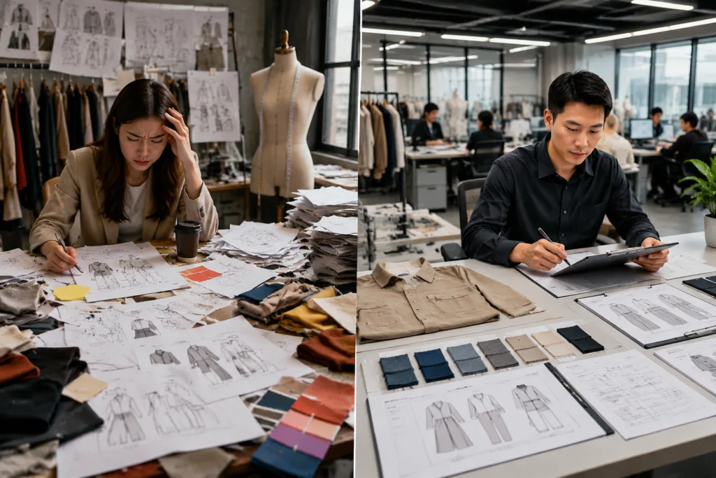Realistic split-scene apparel manufacturing concept illustrating low MOQ problems on one side and a streamlined, organized solution on the other.
