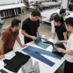 A well-lit, modern activewear manufacturing space with founders and factory staff discussing fit samples, highlighting production environment and collaborative development.