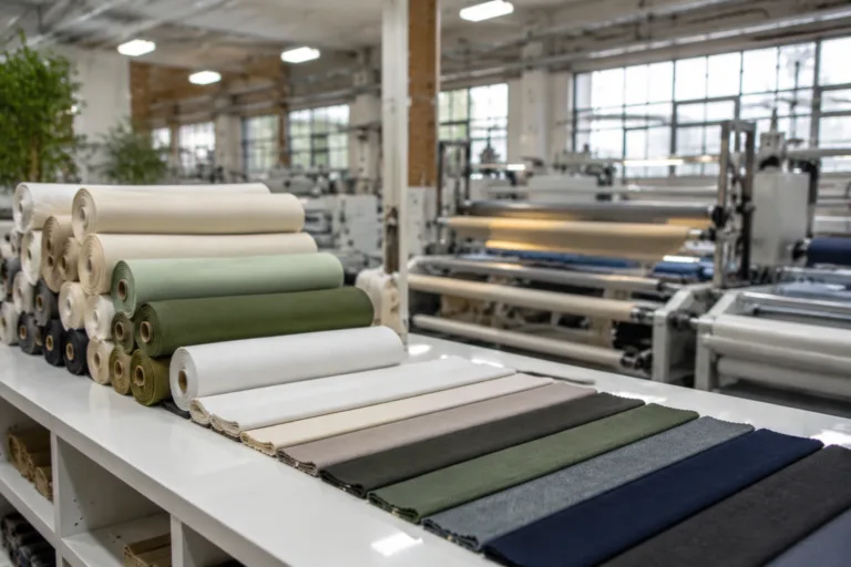 Low MOQ Clothing Manufacturer 21 A professional gym clothing manufacturing space showcasing sustainable materials and fabric choices for building eco-friendly activewear collections.