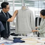 A realistic factory sample room scene showing technical review of garment samples, patterns, and measurements.