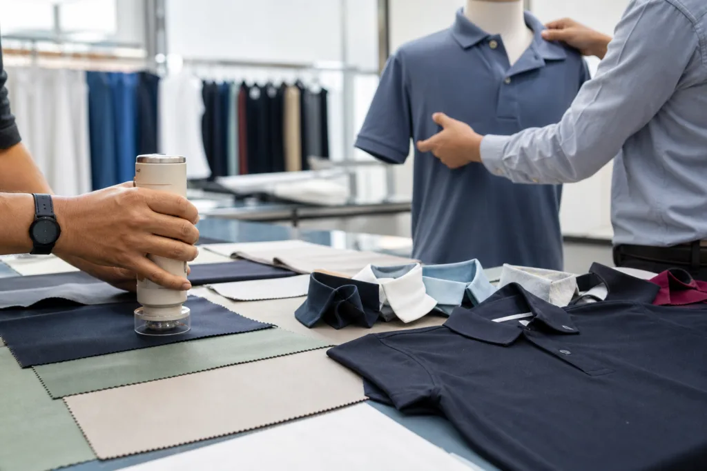 Business Polo Shirts for Corporate Uniform Programs: How Companies Choose, Customize, and Source Them 2 business polo shirts fabric fit sampling