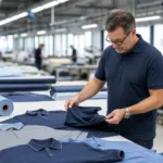 A realistic factory scene showing sample review and production quality checks for corporate polos.