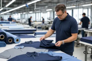Home 41 A realistic factory scene showing sample review and production quality checks for corporate polos.