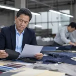 A professional apparel development setting showing a buyer comparing fabric options and quote details inside a manufacturing environment.