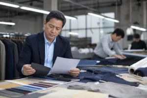 Home 41 A professional apparel development setting showing a buyer comparing fabric options and quote details inside a manufacturing environment.