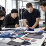 A manufacturer team compares fabric swatches and product specs for custom apparel development.