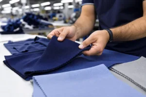 Home 41 A professional sourcing scene showing fabric swatches used to compare polo constructions for corporate, golf, workwear, and promotional programs.
