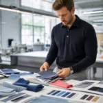 A professional product development scene focused on comparing fabric options for golf polo manufacturing.