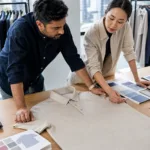 A realistic apparel development scene showing a custom polo shirt sample being reviewed for fabric, collar, placket, and construction details.