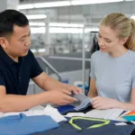 A B2B buyer reviews garment samples, fabric swatches, and specifications with a factory team during manufacturer evaluation.