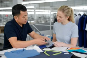 Home 42 A B2B buyer reviews garment samples, fabric swatches, and specifications with a factory team during manufacturer evaluation.