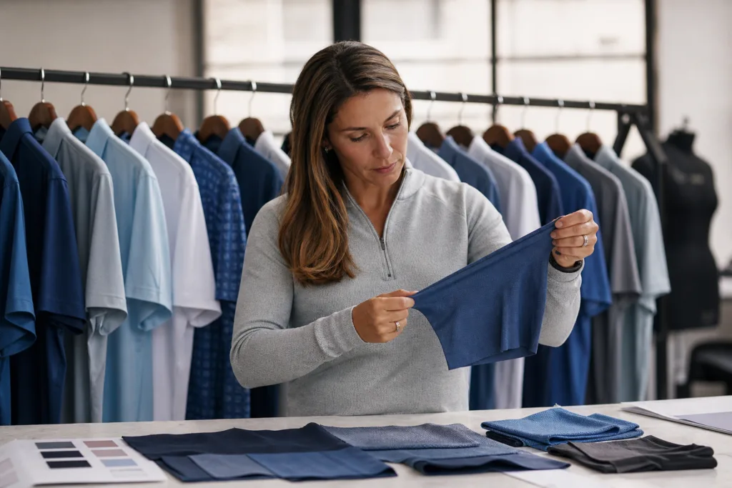 How to Choose the Right Polo Shirt Fabric for Corporate, Golf, Workwear, and Promotional Orders 2 evaluating polo sample stretch and handfeel