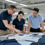 A realistic manufacturing scene showing fabric and color planning for a scalable employee polo shirt program.