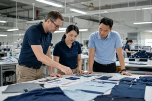 Home 42 A realistic manufacturing scene showing fabric and color planning for a scalable employee polo shirt program.