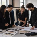 A realistic apparel product development scene showing early collection planning with garments, colors, and technical review.