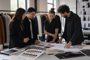 Home 41 A realistic apparel product development scene showing early collection planning with garments, colors, and technical review.