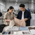 A professional apparel development scene showing buyers and factory staff reviewing suitable products for small-batch private label production.