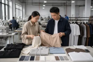 Home 43 A professional apparel development scene showing buyers and factory staff reviewing suitable products for small-batch private label production.