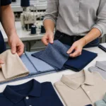 A product development table showing cotton pique and polyester polo fabric options being evaluated in a professional garment manufacturing setting.