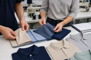 Home 41 A product development table showing cotton pique and polyester polo fabric options being evaluated in a professional garment manufacturing setting.