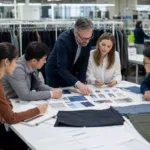 A realistic apparel development scene showing buyers and factory staff reviewing fabrics, specs, and sample garments for a first production run.