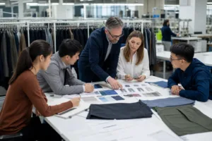 Home 42 A realistic apparel development scene showing buyers and factory staff reviewing fabrics, specs, and sample garments for a first production run.