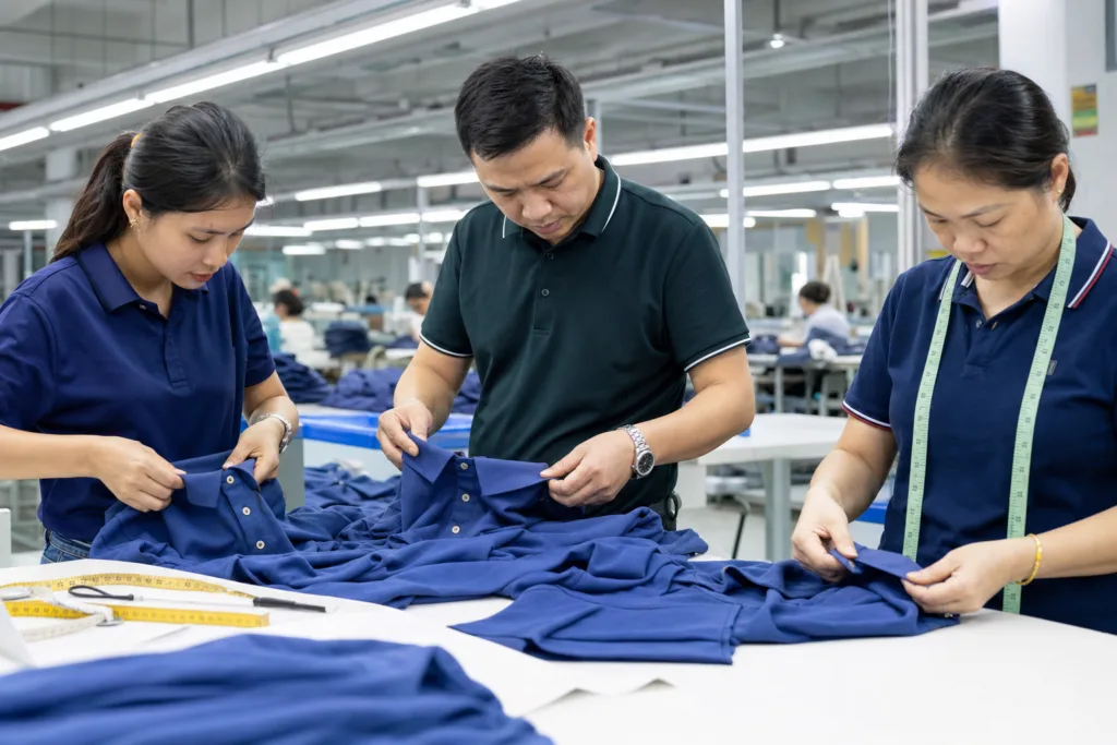 Common Polo Shirt Production Problems and How Manufacturers Prevent Them 1 polo collar placket inspection