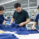 A professional apparel manufacturing scene focused on early inspection of polo collars and front plackets before bulk sewing continues.
