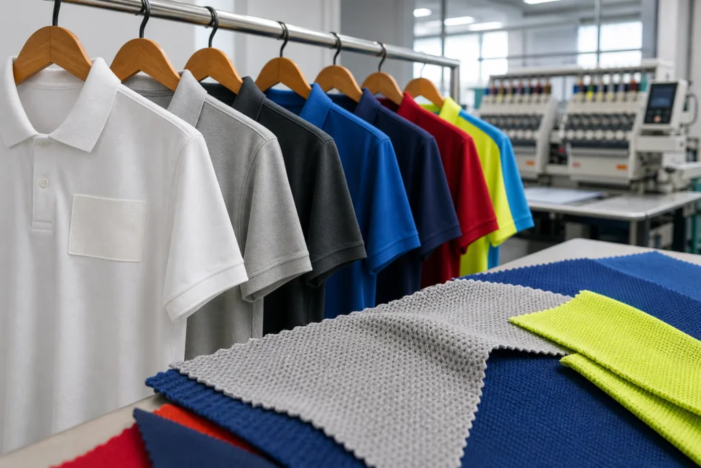 Pique Cotton vs Polyester Polo Shirts: Which Fabric Fits Your Market? 2 polo logo sampling fabric testing