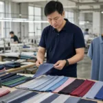A professional apparel development scene showing fabric swatches being reviewed for custom polo shirt production.