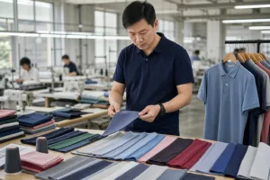 Home 42 A professional apparel development scene showing fabric swatches being reviewed for custom polo shirt production.