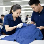 A realistic factory quality control scene showing polo shirts being inspected for collar shape, placket alignment, and overall workmanship.