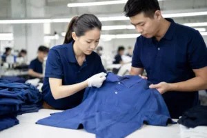 Home 42 A realistic factory quality control scene showing polo shirts being inspected for collar shape, placket alignment, and overall workmanship.