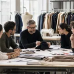 A professional sourcing review scene showing how buyers compare samples, fabrics, and specifications before selecting a manufacturer.