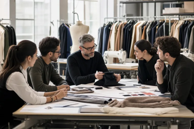 Apparel Sourcing Center 9 A professional sourcing review scene showing how buyers compare samples, fabrics, and specifications before selecting a manufacturer.