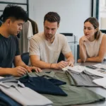 A professional apparel development meeting focused on sample review, fabric options, and branding decisions for a small private label launch.
