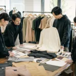 A manufacturer-led collection planning session showing how coordinated garments, color cards, and fabrics support a unified brand launch.