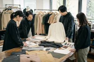 Home 41 A manufacturer-led collection planning session showing how coordinated garments, color cards, and fabrics support a unified brand launch.