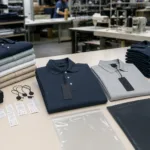 A realistic apparel manufacturing image showing polo shirts, labels, hangtags, and packaging materials prepared for private label finishing.