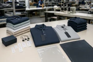 Home 41 A realistic apparel manufacturing image showing polo shirts, labels, hangtags, and packaging materials prepared for private label finishing.