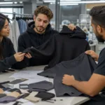 A realistic apparel development scene showing startup buyers comparing sample garments, fabric options, and branding details with a manufacturer.
